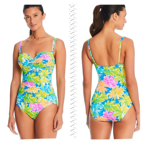 BLEU ROD BEATTIE SPRING IT ON SHIRRED BANDEAU ONE-PIECE SWIMSUIT SIZE 18W - Picture 1 of 6